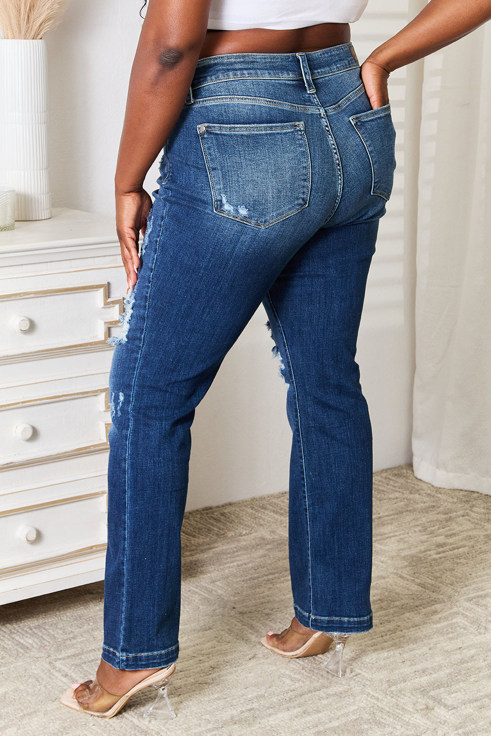Judy Blue Mid-Rise Sand & Destroy Bootcut Jeans