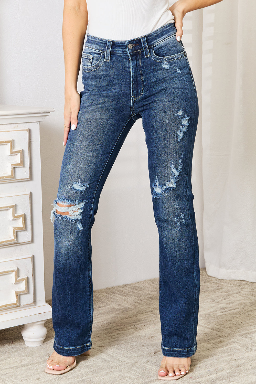 Judy Blue Mid-Rise Sand & Destroy Bootcut Jeans