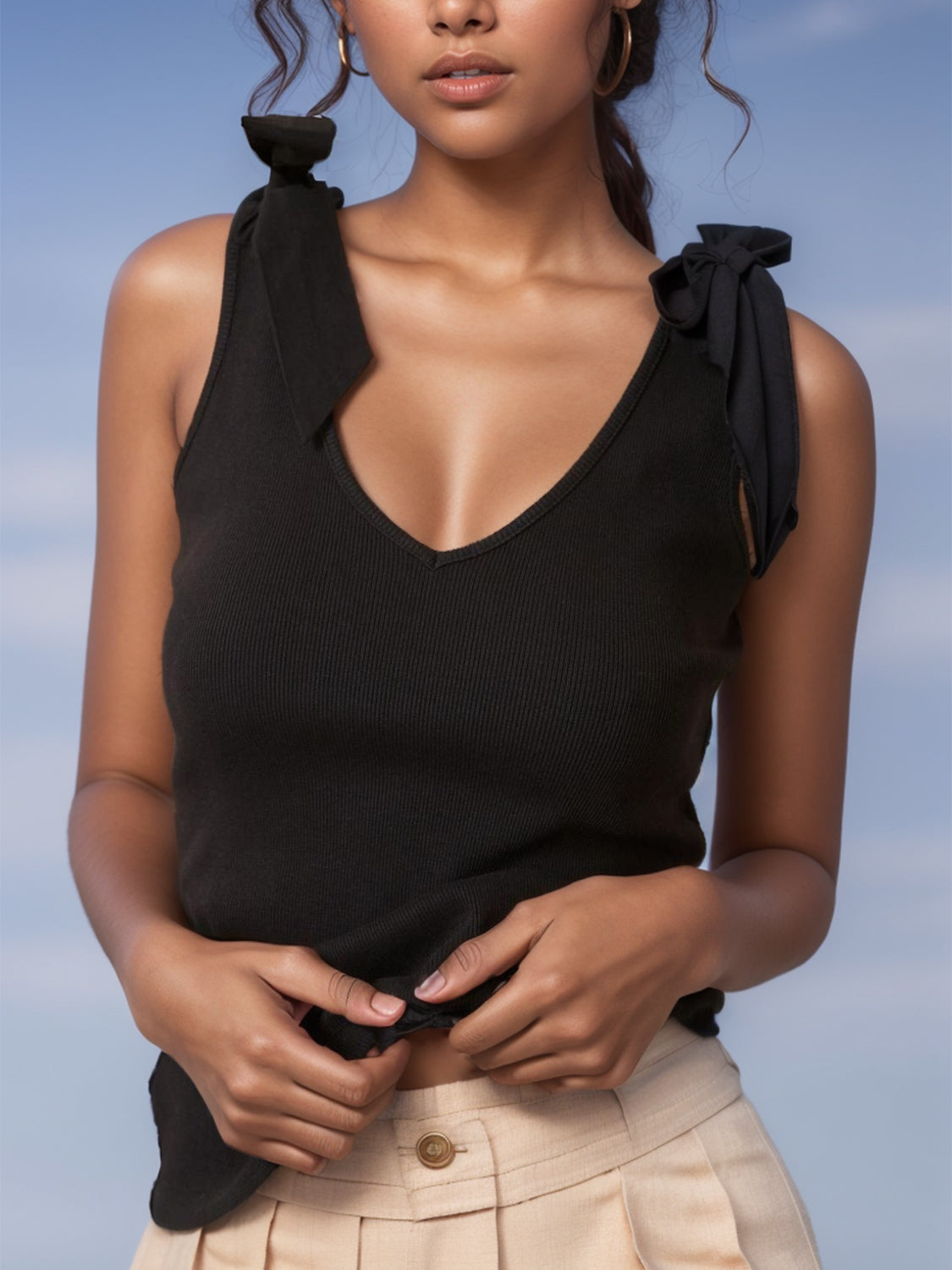 V-Neck Tie Bow Shoulder Tank