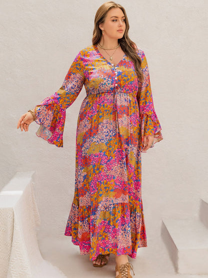 Floral Print V-Neck Long Sleeve Maxi Dress