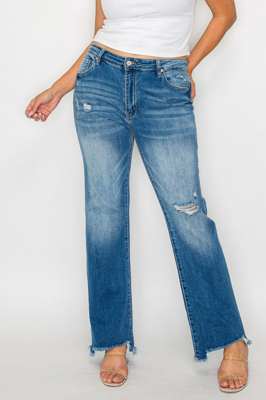 Bytos Raw Hem Distressed Mid Rise Straight Jeans