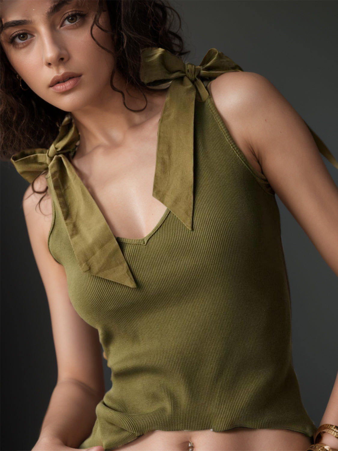 V-Neck Tie Bow Shoulder Tank