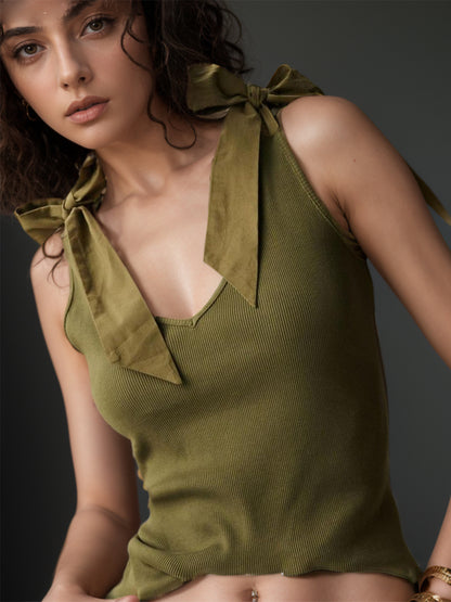 V-Neck Tie Bow Shoulder Tank