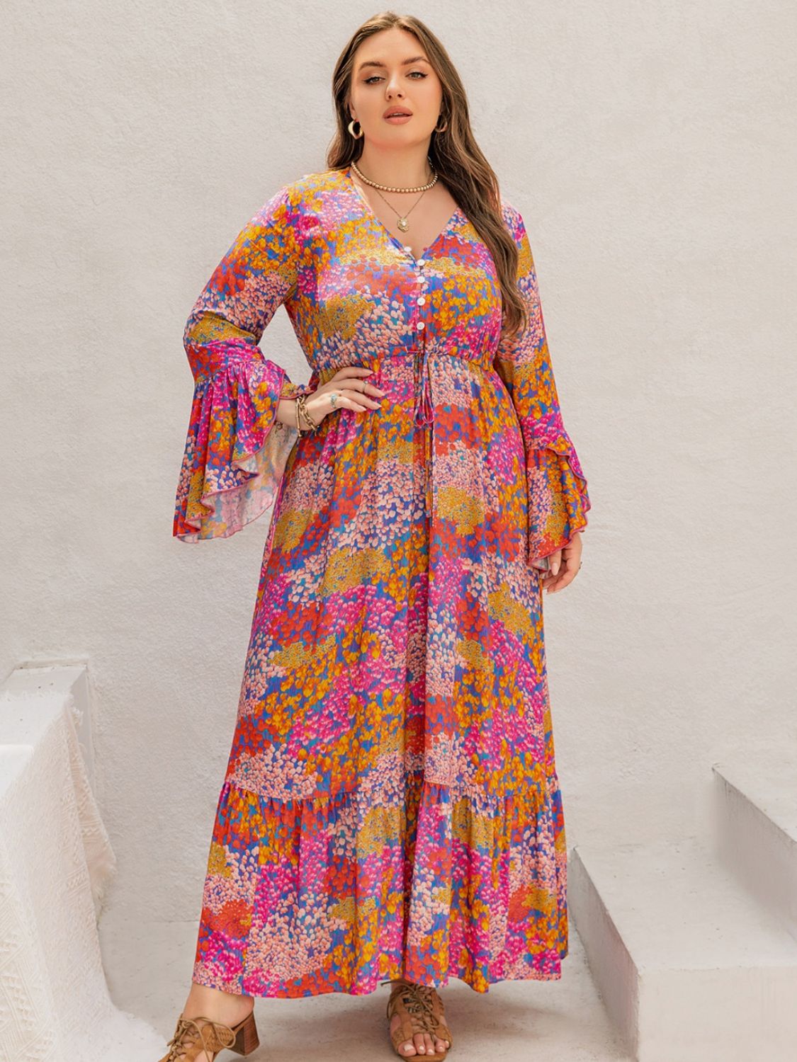 Floral Print V-Neck Long Sleeve Maxi Dress