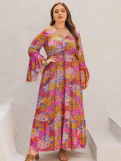 Floral Print V-Neck Long Sleeve Maxi Dress