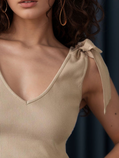 V-Neck Tie Bow Shoulder Tank