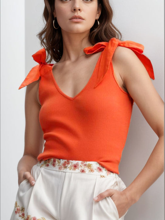 V-Neck Tie Bow Shoulder Tank