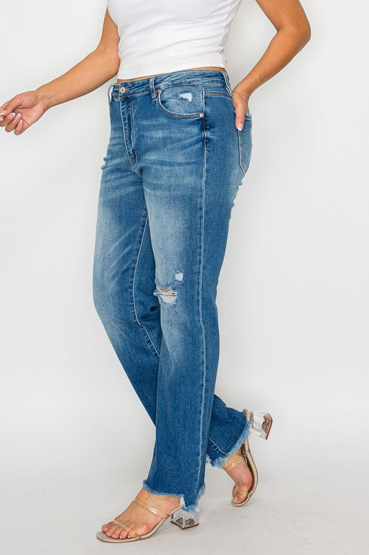 Bytos Raw Hem Distressed Mid Rise Straight Jeans