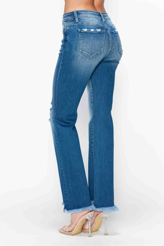 Bytos Raw Hem Distressed Mid Rise Straight Jeans