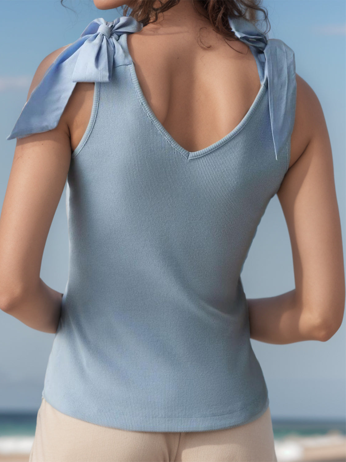 V-Neck Tie Bow Shoulder Tank