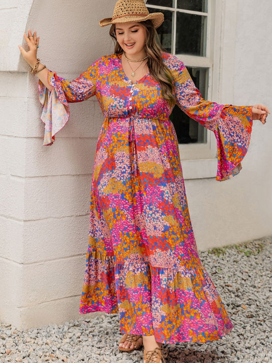 Floral Print V-Neck Long Sleeve Maxi Dress