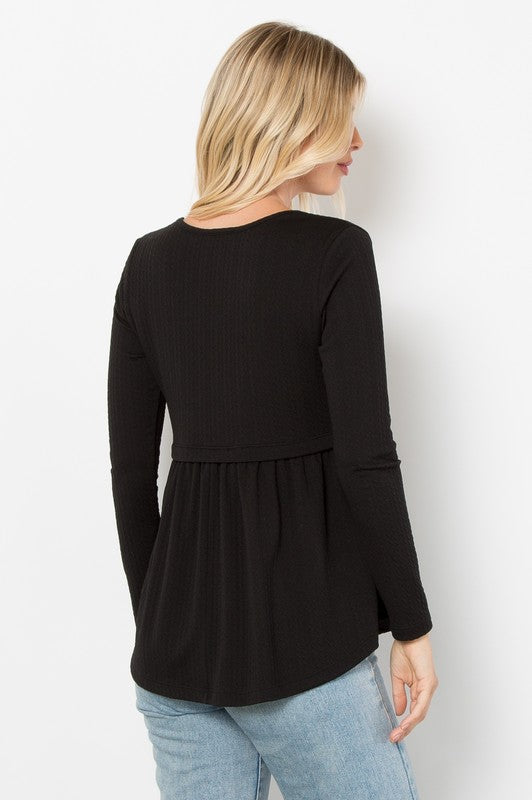 Be Stage Texture Babydoll Round Neck Long Sleeve Knit Top