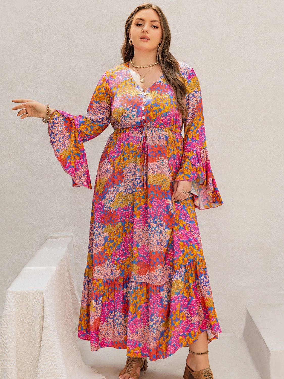 Floral Print V-Neck Long Sleeve Maxi Dress