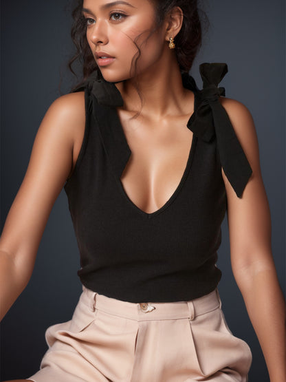V-Neck Tie Bow Shoulder Tank