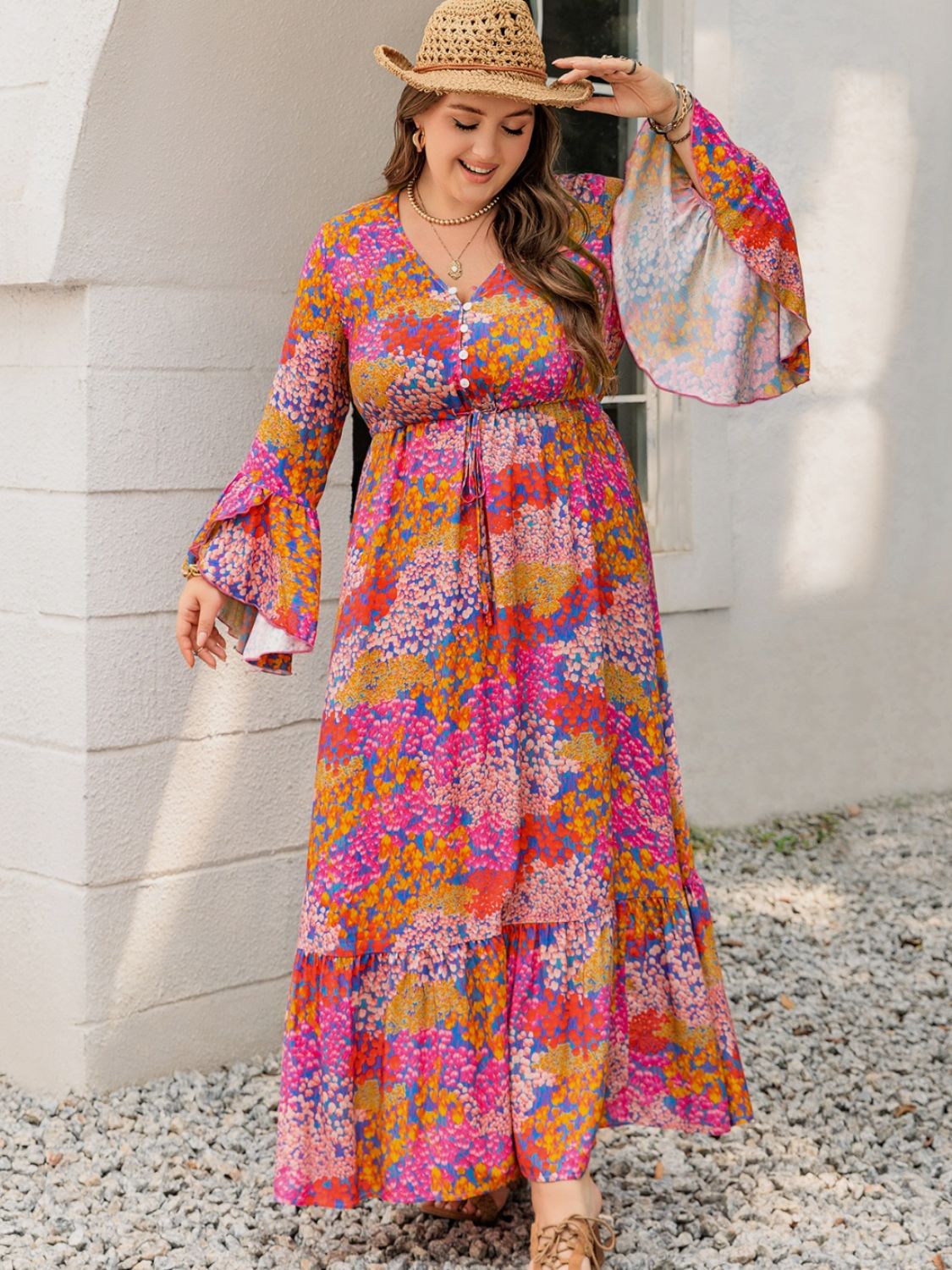 Floral Print V-Neck Long Sleeve Maxi Dress